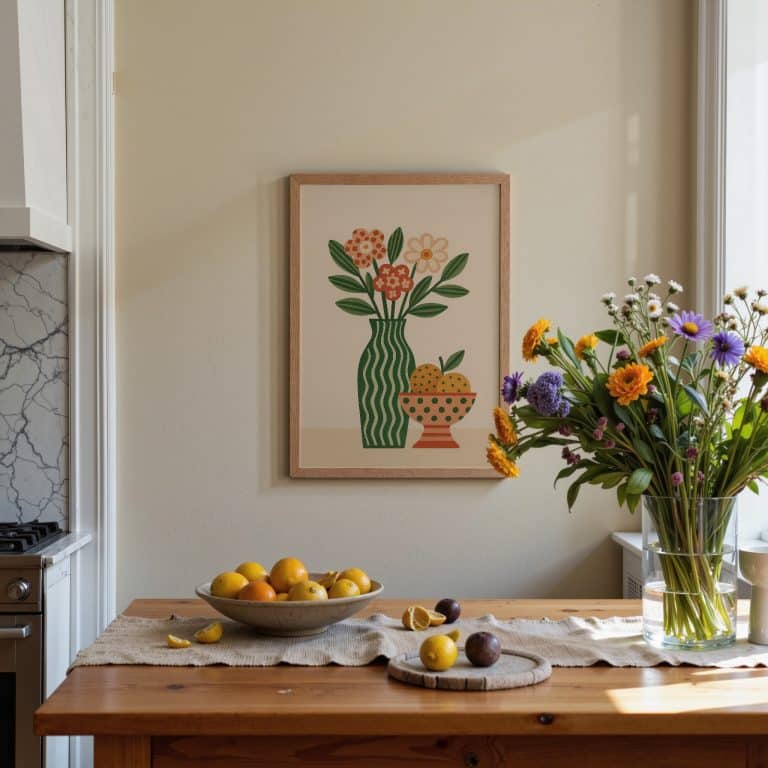 Blomsterbordet som indrammet kunstplakat i et lyst rum