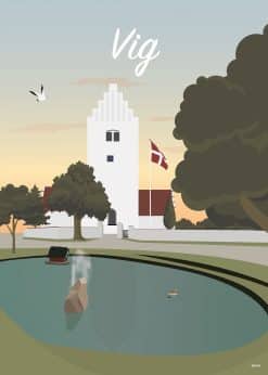 Grafisk plakat med Vig Kirkes hvide tårn, Dannebrog, grønne træer og bynavnet Vig.
