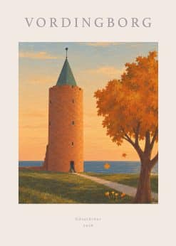 Plakat med Gåsetårnet i Vordingborg, orange efterårsløv og lys kant med bynavn.
