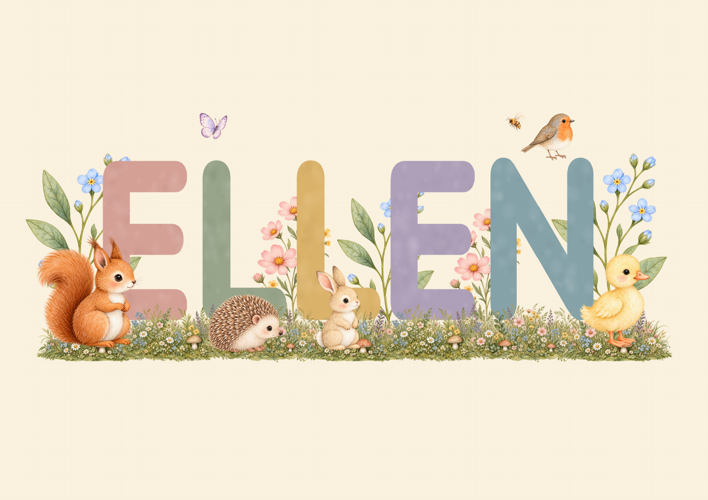 Navneplakat med navnet Ellen, pastelbogstaver, skovens dyr og en blomstrende eng